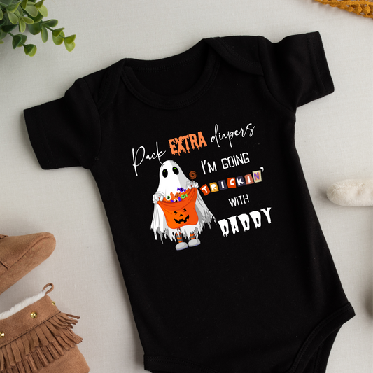 Pack Extra Diapers I'm Trickin' with Daddy Funny Baby Bodysuit, halloween costume funny baby outfit, halloween costume ideas