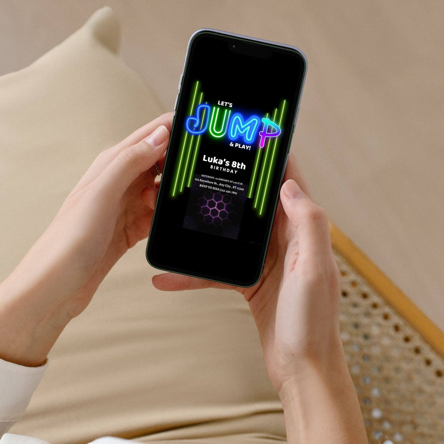 trampoline birthday party, let's celebrate, jump and play invite