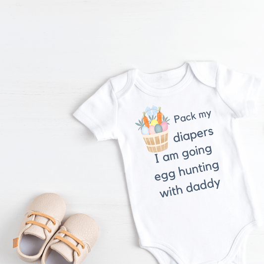 Easter baby clothes, baby easter romper, easter clothing, what to wear for easter, good gift for a baby's first easter, how do you celebrate Easter with a baby, pack my diapers funny, hilarious baby outfit