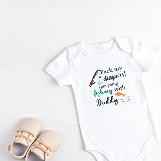 pack my diapers fishing with daddy onesie baby outfit, fishing birthday gift ideas, valentines day gift, baby shower gift idea, fish lover, "Pack My Diapers I'm Going Fishing With Daddy" baby bodysuit or toddler t-shirt is a great baby bodsuit for daddy's little fishing buddy! If baby is going out for a day of fishing with dad at least dad will have a reminder not to just take bait and tackle, but also diapers!