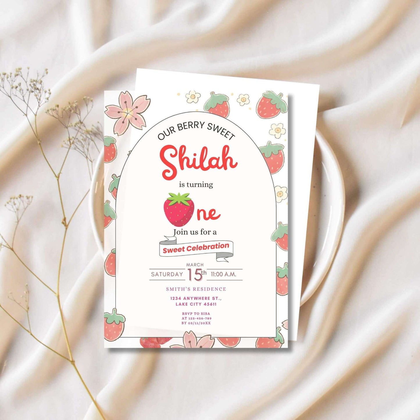 berry sweet party decorations printable, berry sweet birthday invite, strawberry first birthday printable
