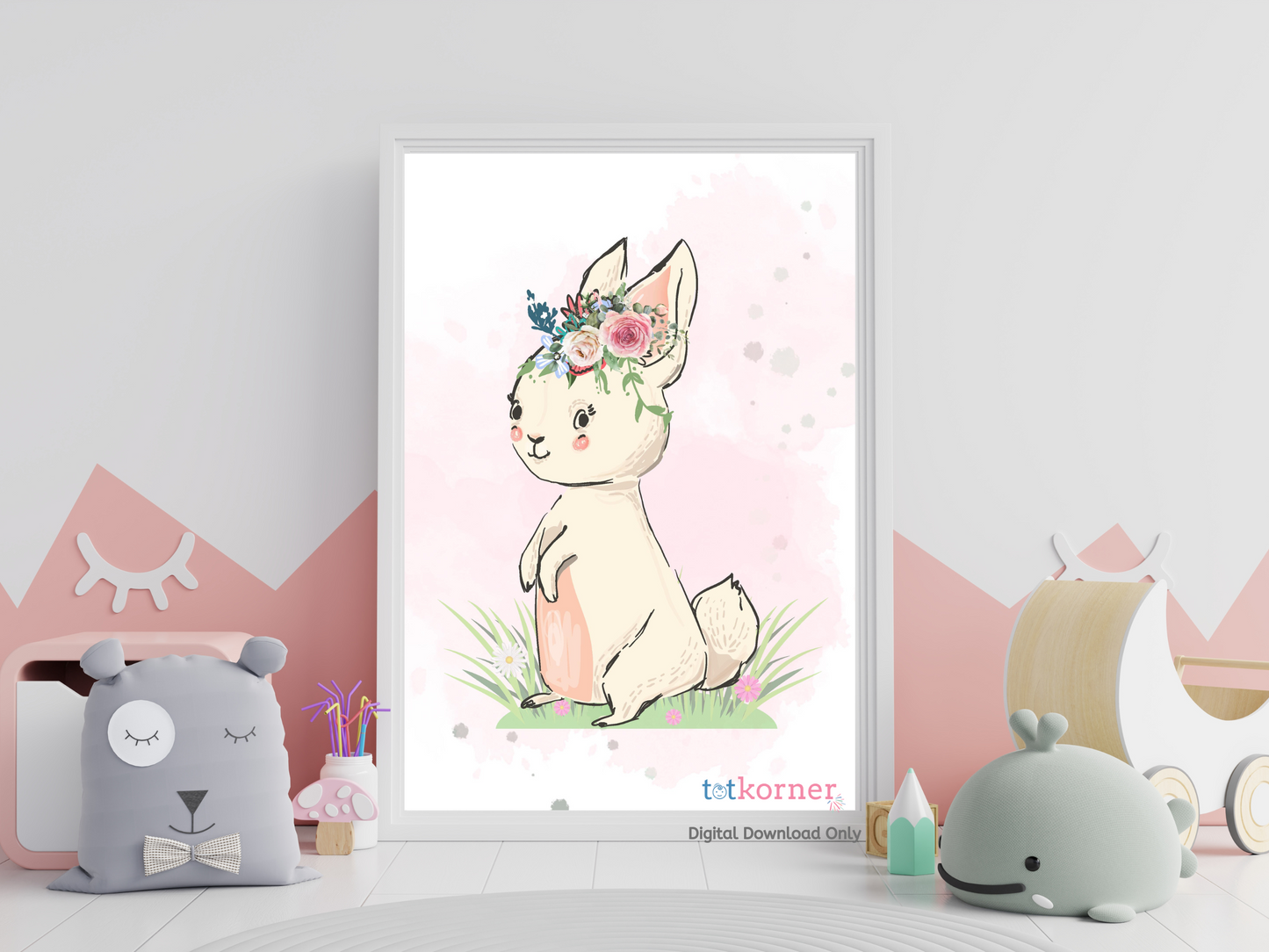 kids room wall art | bunny print | nursery wall art | roses floral crown | pink watercolor | baby animal print | printable art | digital wall art murals | bunny printable | bunny rabbit wall art | bunny wall pictures | bunny wall art nursery