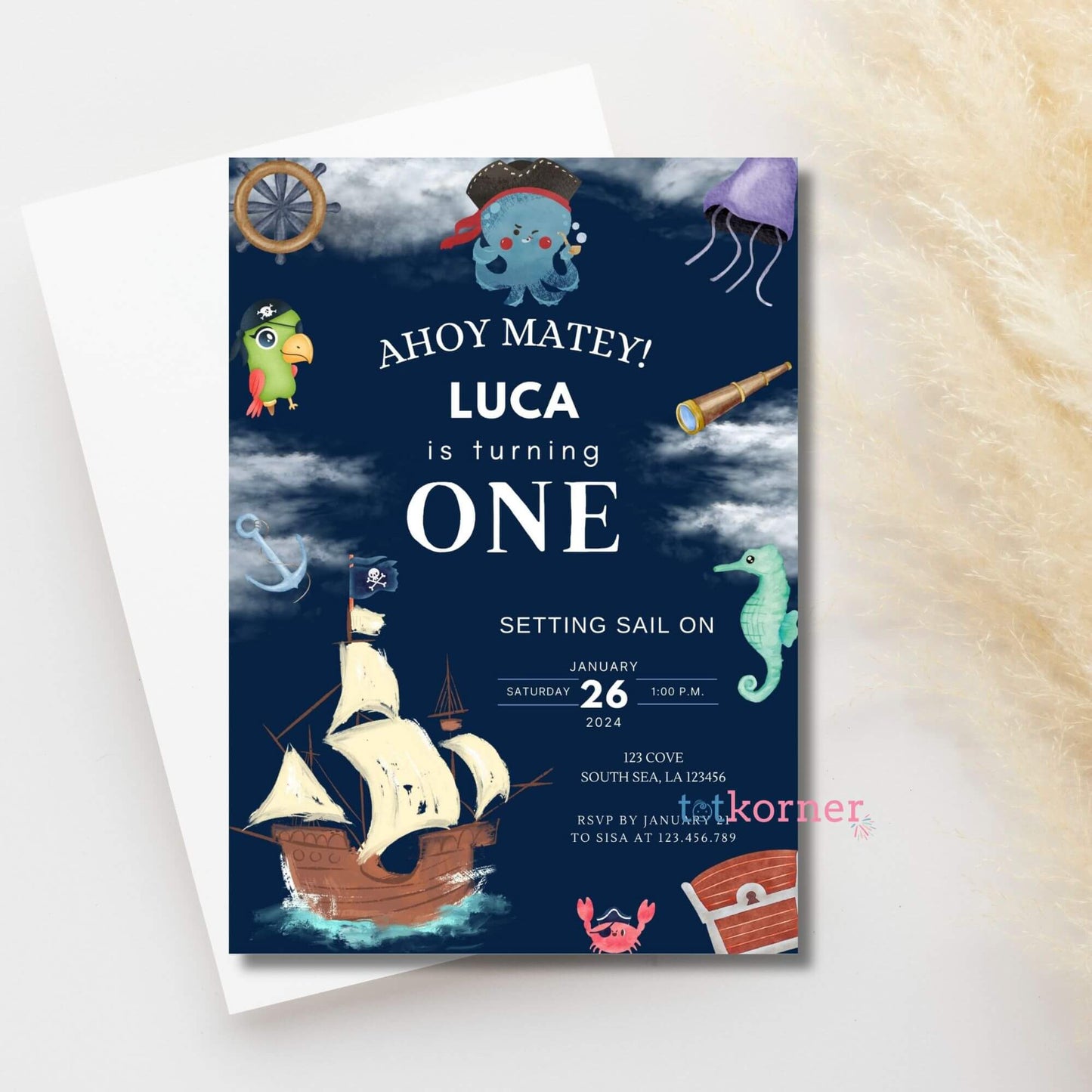 Pirate Ahoy Mates Birthday Invitation for children boys and girls, printable ocean pirate