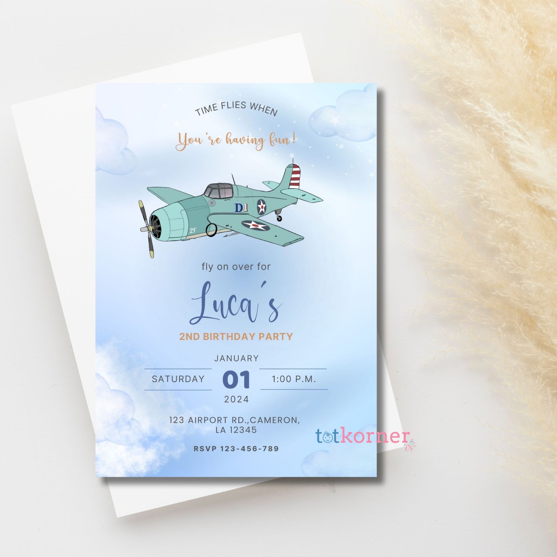 airplane, blue, first birthday, time flies, aviator, clouds, red propellor plane, sky birthday invites, one birthday boy