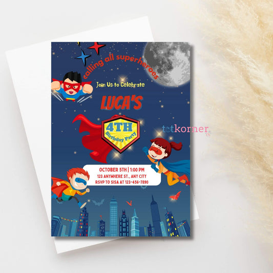 calling all superheroes funny printable birthday invite, superman party celebration theme, downloadable