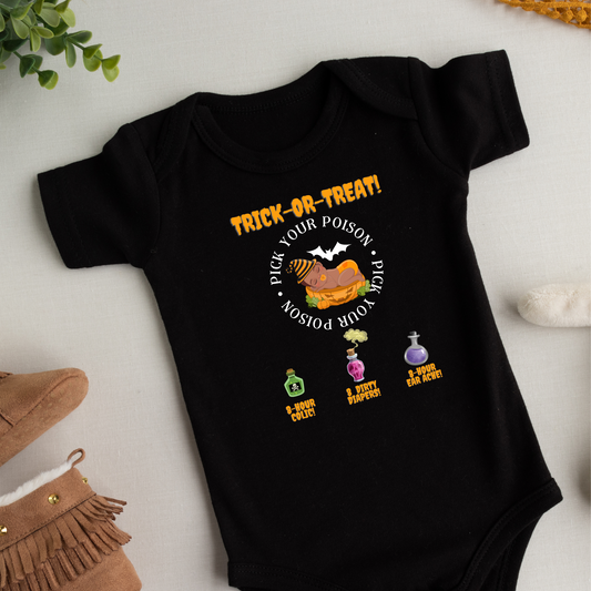 cute baby halloween funny baby trick or treat baby outfit ideas, one-of-a-kind baby clothes, baby gear, trick or treat baby clothes, halloween outfit trick or treat baby romper 1st halloween, pick your poison baby apparel kids clothing