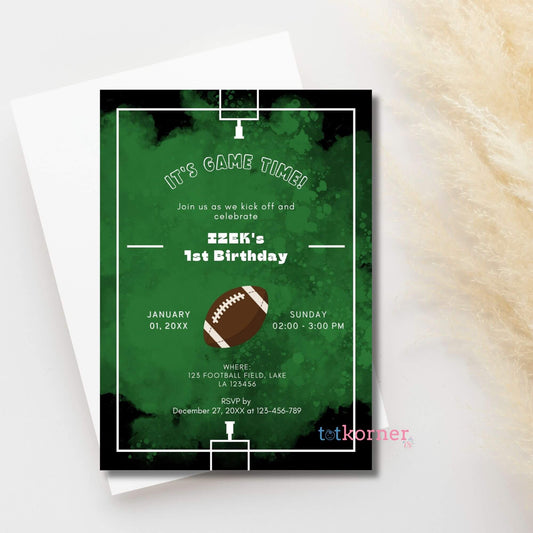 It's game time football season first birthday card invitation printable digital download invites