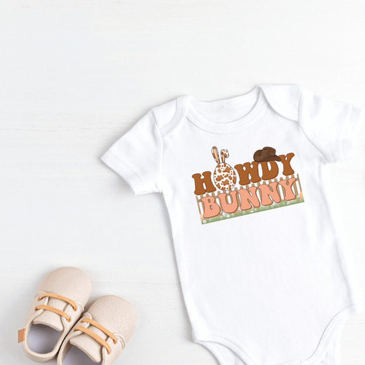 Easter baby clothes, baby easter romper, easter clothing, what to wear for easter, good gift for a baby's first easter, how do you celebrate Easter with a baby, howdy bunny funny easter kid clothing outfit, country style baby outfit