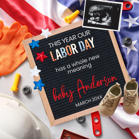 Labor Day message board with baby announcement, gloves, shoes, and ultrasound on an American flag background. Labor Day pregnancy announcement digital download,
Patriotic baby reveal template
,Editable pregnancy announcement for social media
Custom digital baby announcement, Printable Labor Day baby reveal, Red white and blue pregnancy announcement, Digital pregnancy announcement template for texting, Social media baby reveal digital file, Personalized patriotic pregnancy announcement