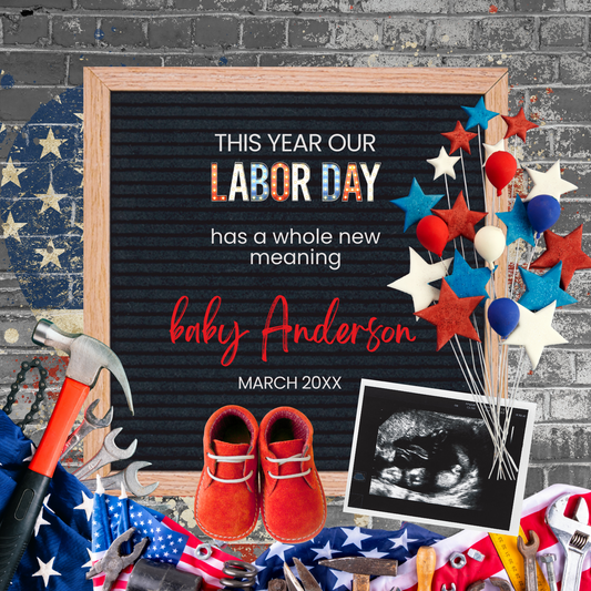 Labor Day-themed collage with baby shoes, ultrasound photo, and Labor Day text on a blackboard. Labor Day pregnancy announcement digital download, Patriotic baby reveal template, Patriotic baby reveal made simple! Editable Labor Day Pregnancy Announcement Digital Download for social media, text, or printable keepsakes