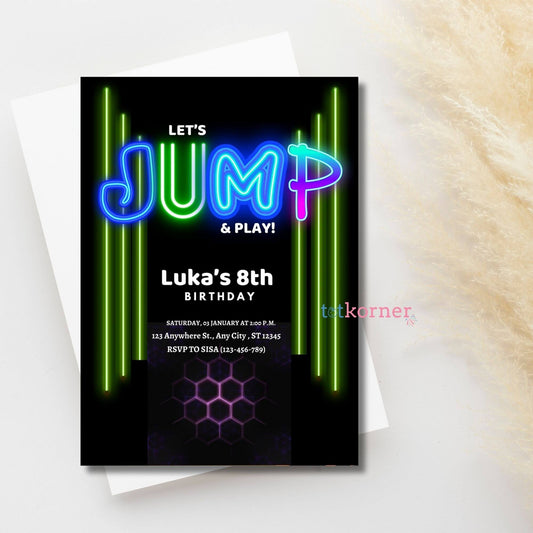 Let's Jump and play trampoline birthday invites, boy party theme, first