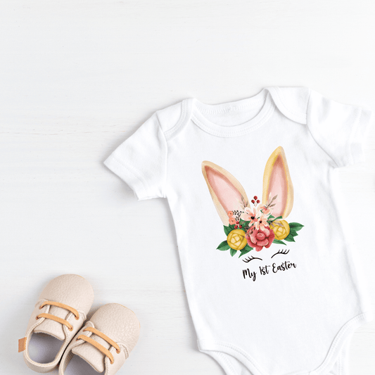 Easter baby clothes, baby easter romper, easter clothing, what to wear for easter, good gift for a baby's first easter, how do you celebrate Easter with a baby, floral rabbit bunny simple modern easter