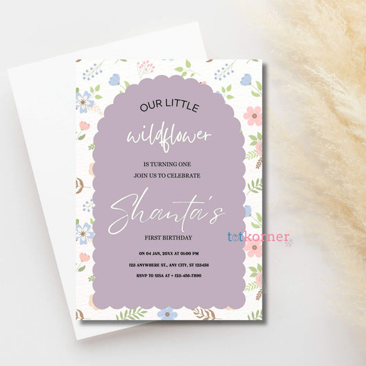 Our little wildflower is turning one first birthday girl digital download invitation card