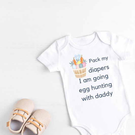 Easter baby clothes, baby easter romper, easter clothing, what to wear for easter, good gift for a baby's first easter, how do you celebrate Easter with a baby, pack my diapers funny, hilarious baby outfit