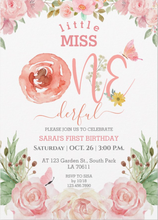 floral invitation, baby girl, kids birthday, one year old, baby