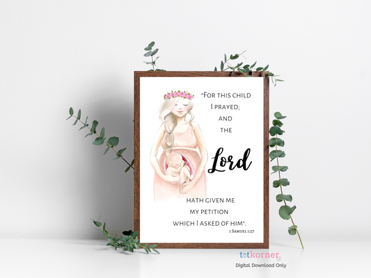 For this Child We Have Prayed Sign | For This Child I Have Prayed, Bible Verse art print, Nursery wall art, Typography quote - Digital Download | Watercolor Printable in Pink and Black digital print file