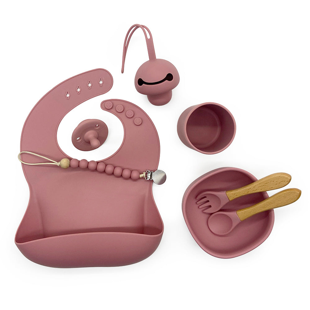 Dark Pink Silicone Feeding Set Bib + Square bowl + Pacifier + Pacifier Chain + Pacifier Case + Water Cup + Wooden Spoon + Wooden Fork