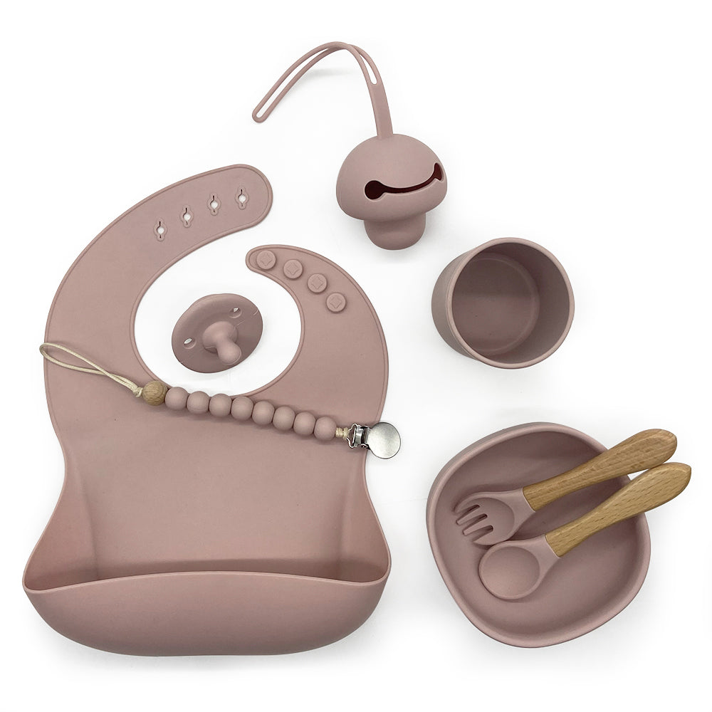 Rose Pink Silicone Feeding Set Bib,  Square bowl,  Pacifier, Pacifier Chain, Pacifier Case, Water Cup, Wooden Spoon, Wooden Fork, pacifier holder case