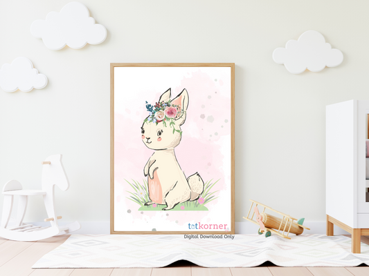 Bunny Rabbit Print, Nursery Wall Art, Printable Wall Art, Digital Download, Nursery Wall Decor, Printable Animals, Nursery Wall Art ~ Bunny Print ~ Girls Bedroom Decor ~ Rabbit with Floral Crown ~ Printable Digital Download