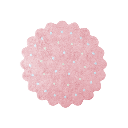 Pink with white and beige dots Little Biscuit Washable Nursery Round Rug