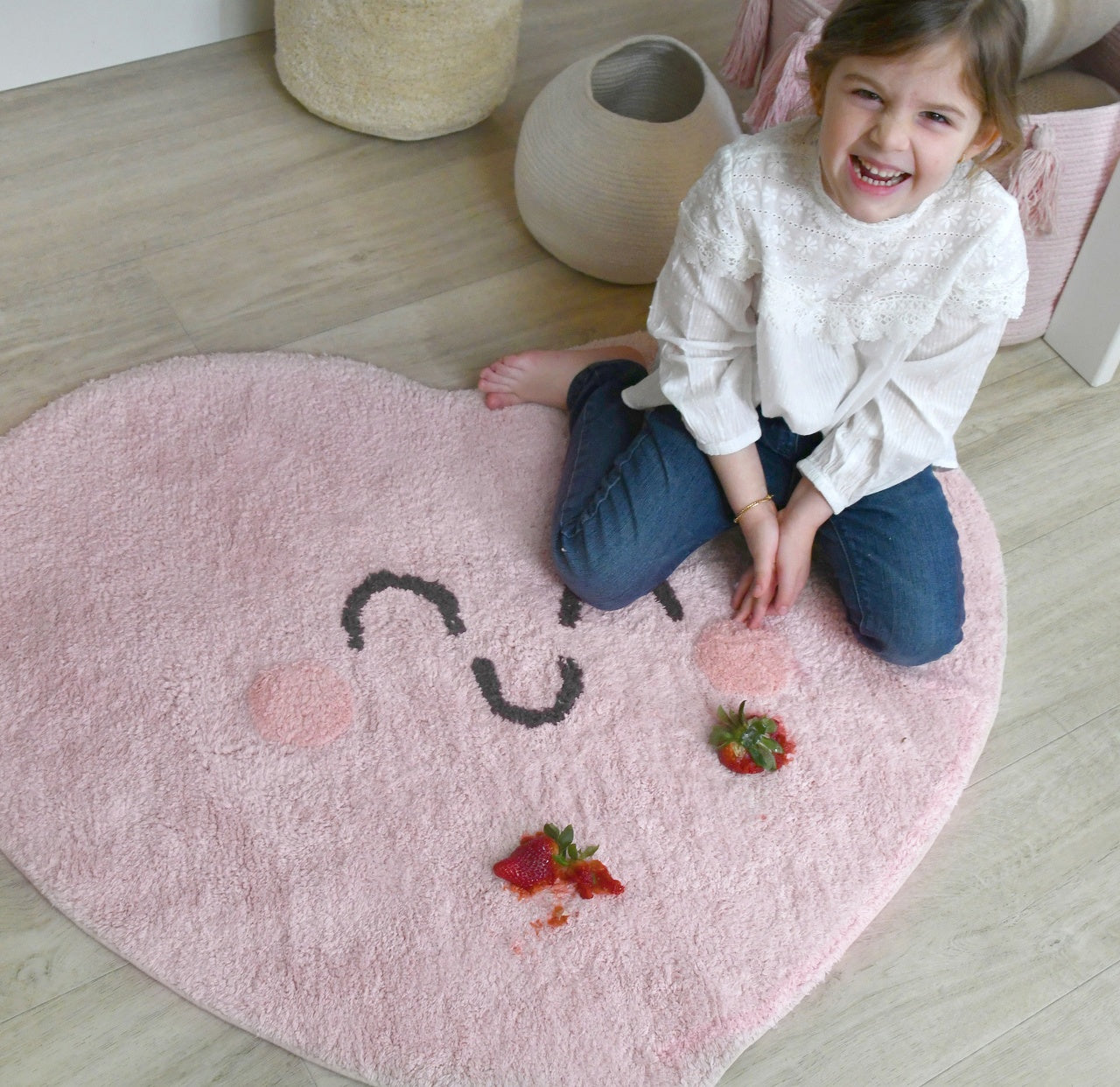 Pink Happy Heart Washable Nursery  Rug 