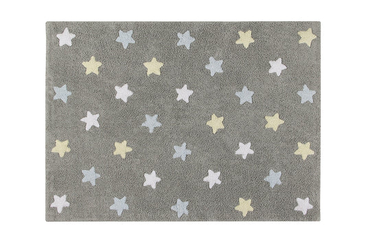 Tricolor Stars  Washable Rug (Grey/ Blue/ White)