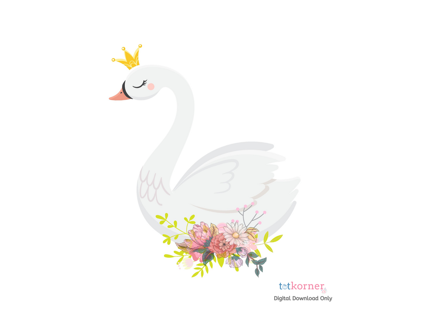 White Swan with crown nursery wall art - Girls nursery decor - Swan Princess - Swan Digital download