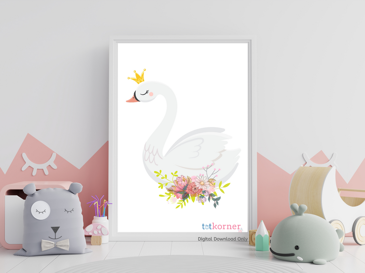 White Swan with crown nursery wall art - Girls nursery decor - Swan Pr ...