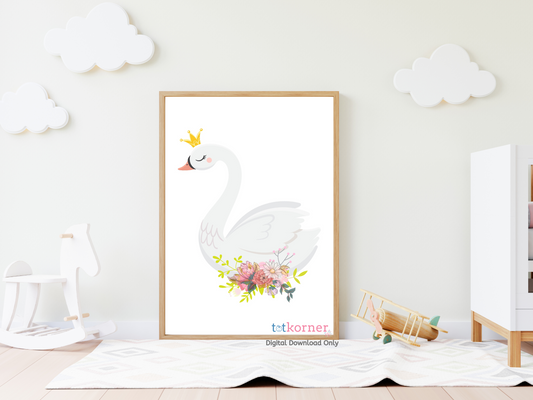 White Swan with crown nursery wall art - Girls nursery decor - Swan Princess - Swan Digital download | white swan with crown | swan princess | swan princess print